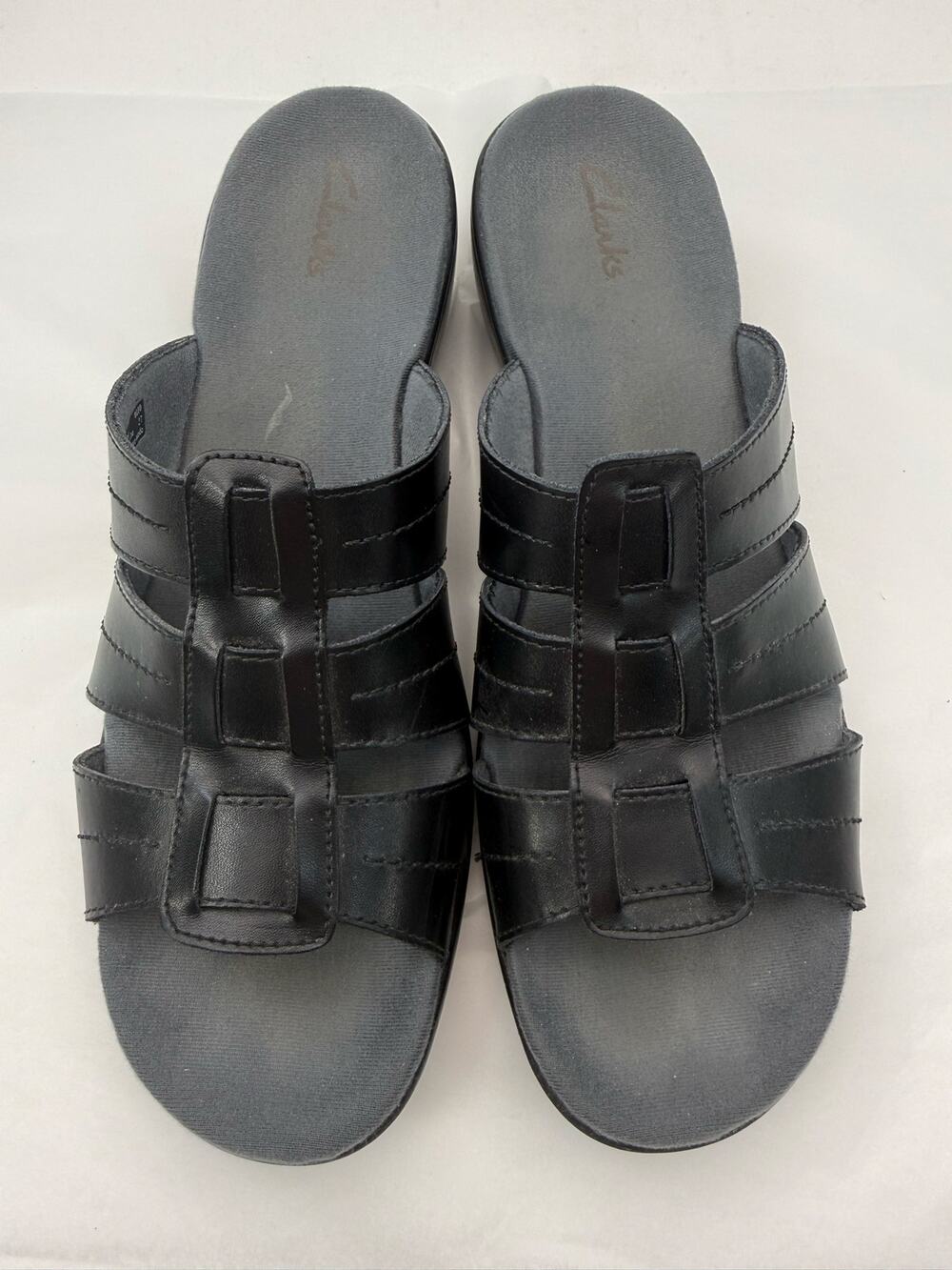 Clarks‎ Black Leather Slide Sandals Comfort Mule Size 10M Cushioned Footbed